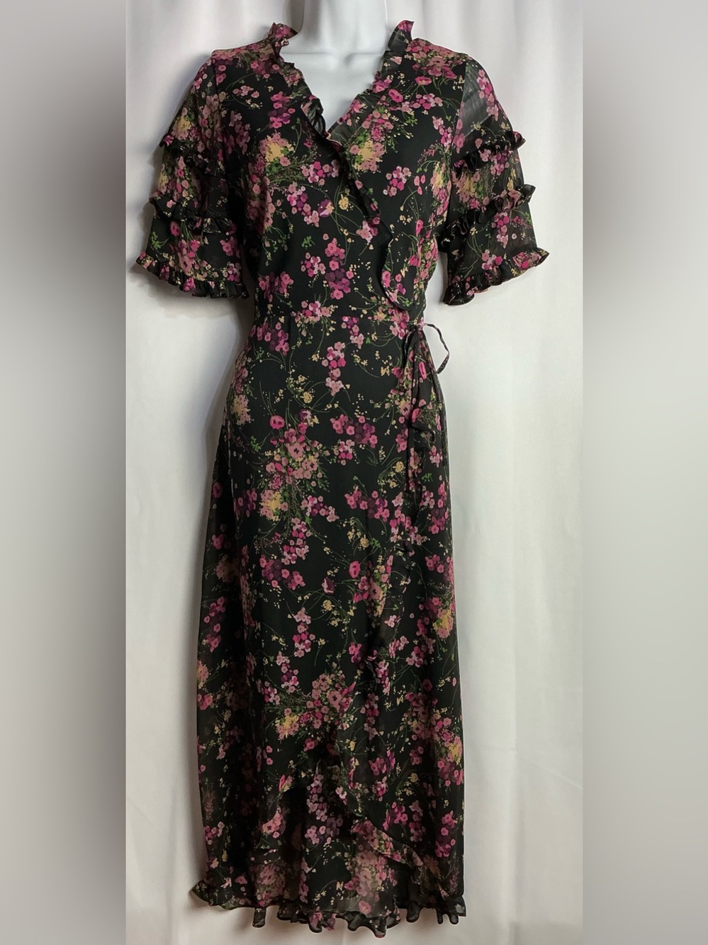 Kensie Black Floral Maxi Dress with Pink Blossoms